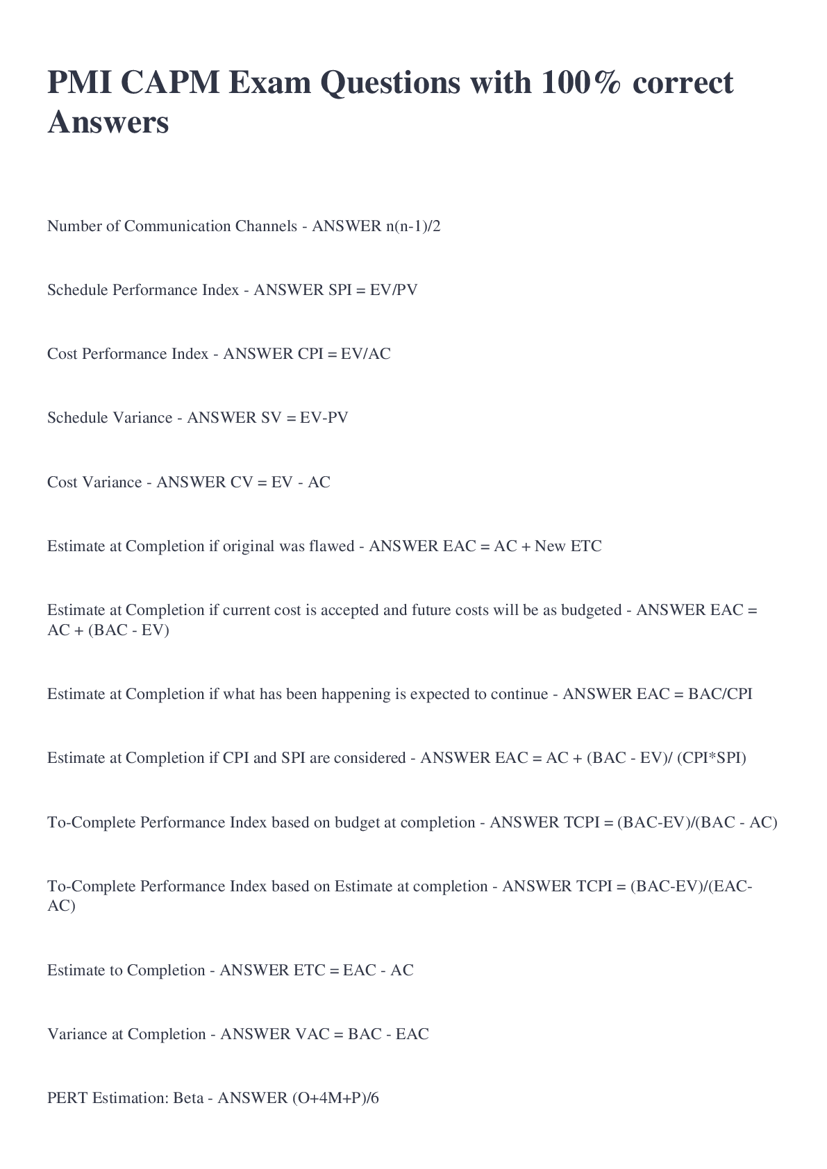 Preview image for PMI CAPM Exam Questions with 100% correct Answers